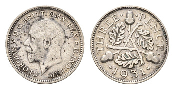 Великобритания 3 пенса 1931 Георг V (1910-1936) KM 831, Spink 4042 серебро 100-636