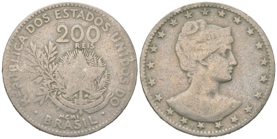 Бразилия 200 реалов 1901 MCMI, голова свободы вправо KM 504 медно-никель 4612-132