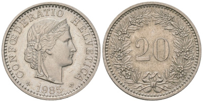 Швейцария 20 раппенов 1985 KM 29a медно-никель aUNC 220-1249