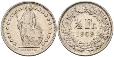 Швейцария 1/2 франка 1969 KM 23а медно-никель 4564-969