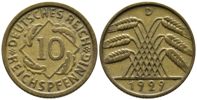 ГЕРМАНИЯ 10 РЕЙХСПФЕННИГОВ 1929 D KM 40, J. 317 алюминиевая бронза 24-1144