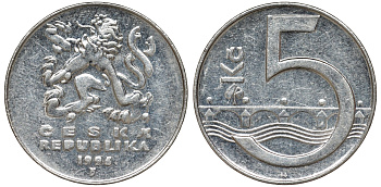 Чехия 5 крон 1995 чешский лев, Карлов мост KM 8 никелированная сталь 51-1315