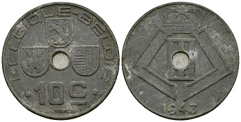 Бельгия 10 сантимов 1943 BELGIQUE - BELGIE KM 125 цинк 4172-113