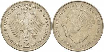 ФРГ 2 марки 1970 F, Теодор Хойс KM A127, J. 407 медно-никель плакированный никелем 3996-616