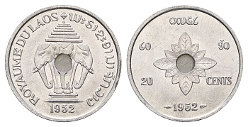Лаос 20 сантимов 1952 год-тип KM 5 алюминий UNC 4678-317