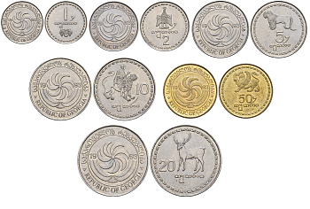 Грузия набор из 6 монет (1, 2, 5, 10, 20 и 50 тетри) 1993  KM 76, 77, 78, 79, 80, 81, Schoen 7, 8, 9, 10, 11, 12 никель сталь и латунь  UNC  N4-29