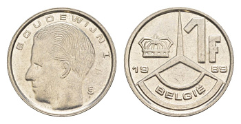 Бельгия 1 франк 1989 Belgie, Бодуэн I (1951-1993) KM 171 нержавеющая сталь 4632-558