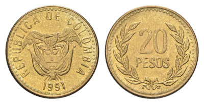 Колумбия 20 песо 1991 KM 282 алюминиевая бронза UNC 4664-139