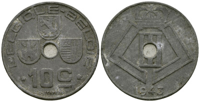 Бельгия 10 сантимов 1943 BELGIQUE - BELGIE KM 125 цинк 4172-113