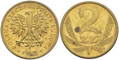 ПОЛЬША 2 ЗЛОТЫХ 1985 MW KM 80.1 латунь 112-1268