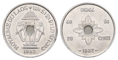 Лаос 20 сантимов 1952 год-тип KM 5 алюминий UNC 4678-317