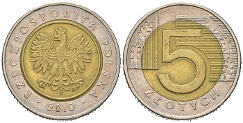 Польша 5 злотых 2010 KM 284 биметалл 4563-131