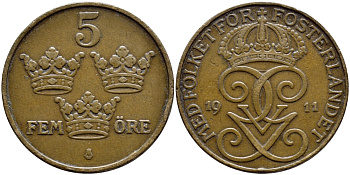 Швеция 5 эре 1911 Густав V (1907-1950), знак монетного двора узкий KM 779.2 бронза 4394-832