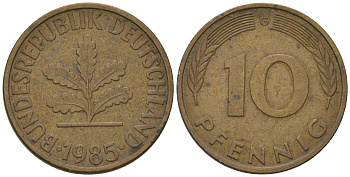 ФРГ 10 пфеннигов 1985 G KM 108, J.383 сталь плакированная латунью 3459-526