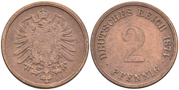 ГЕРМАНИЯ 2 ПФЕННИГА 1874 С, СТАРОГЕРБОВКА KM 2, J.2 медь 4588-335