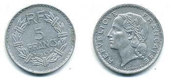Франция 5 франков 1949 тип Лаврийе KM 888b.1, LE FRANC 339.17 алюминий 25-646