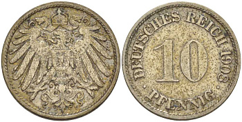 ГЕРМАНИЯ 10 ПФЕННИГОВ 1908 F KM 12, J. 13, Weege 8 медно-никель 212-116
