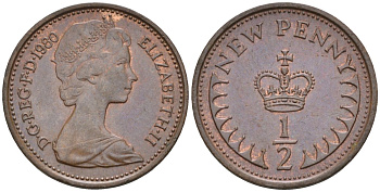 Великобритания 1/2 пенни 1980 Елизавета II (1952-2022) KM 914, Spink 4239 бронза 4115-664
