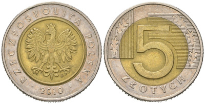 Польша 5 злотых 2010 KM 284 биметалл 4563-131
