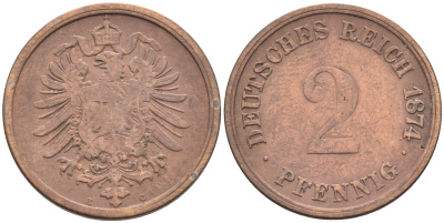 ГЕРМАНИЯ 2 ПФЕННИГА 1874 С, СТАРОГЕРБОВКА KM 2, J.2 медь 4588-335