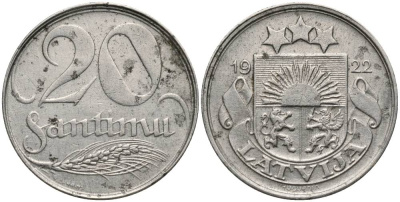 Латвия 20 сантимов 1922 первая Республика (1918-1939) KM 5 никель 27-1215