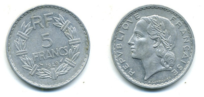 Франция 5 франков 1949 тип Лаврийе KM 888b.1, LE FRANC 339.17 алюминий 25-646