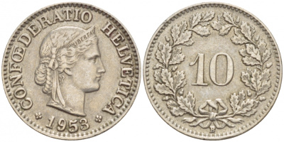 ШВЕЙЦАРИЯ 10 РАППЕНОВ 1953 KM 27 медно-никель 51-146