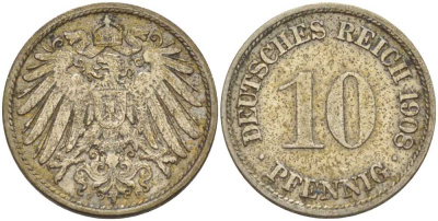 ГЕРМАНИЯ 10 ПФЕННИГОВ 1908 F KM 12, J. 13, Weege 8 медно-никель 212-116