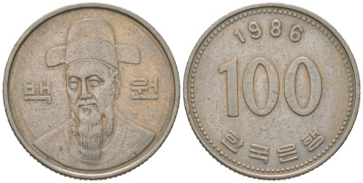 Южная Корея 100 вон 1986 Ли-Сунсин, корейский флотоводец KM 35 медно-никель 4620-523