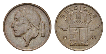 Бельгия 50 сантимов 1980 Belgique KM 148 бронза 4684-767