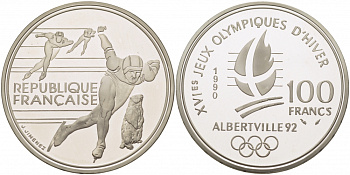 Франция 100 франков 1990 XVI Зимние Олимпийские игры 1992 в Альбервиле, конькобежный спорт KM 980 серебро PROOF 1077-8-41