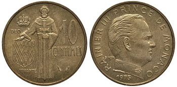 Монако 10 сантимов 1975 Ренье III (1949-2005) KM 142 алюминиевая бронза 113-817