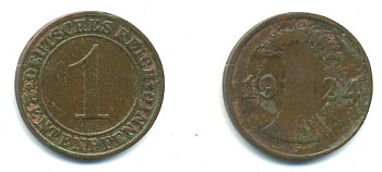 Германия 1 рентенпфенниг 1924 F KM 30, J. 306 бронза 35-113