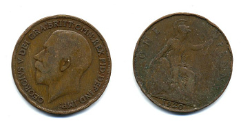 Великобритания 1 пенни 1920 Георг V (1910-1936) КМ 810, Spink 4051 бронза 47-445