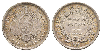 Боливия 50 сентаво 1899 KM 161.5 серебро 1519-642