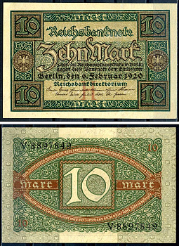 Германия 10 марок 1920 буква H, серия V, номер семизначный Pick 67a, Rosenberg 63а бумага UNC (пресс) 8617-18-2-1