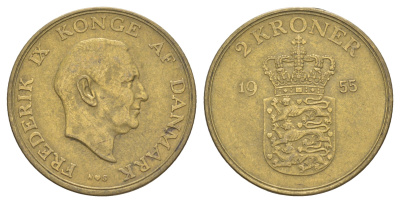 Дания 2 кроны 1955 N, Фредерик IX (1947-1972) KM 838 алюминиевая бронза 4653-524