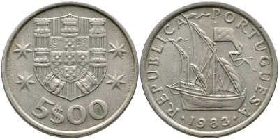 ПОРТУГАЛИЯ 5 ЭСКУДО 1983 ПАРУСНИК KM 591 медно-никель 65-1124