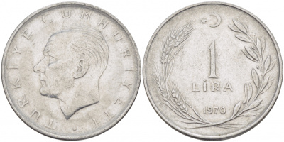 Турция 1 лира 1970 Мустафа Кемаль Ататюрк KM 889а.2 нержавеющая сталь 212-1232
