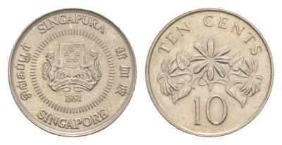 Сингапур 10 центов 1991 KM 51 медно-никель 4640-524