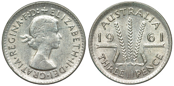 Австралия 3 пенса 1961 m, Елизавета II (1952-2022) KM 57 серебро 71-664