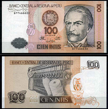 Перу 100 инти 1987 Рамон Кастилья, прядильная машина Pick 133 бумага UNC (пресс) 447-52-1