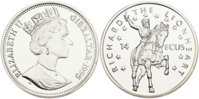 Гибралтар 14 экю 1995 Ричард Львиное сердце KM 496 серебро PROOF 02-251-26