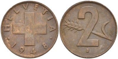 Швейцария 2 раппена 1948 В KM 47 бронза 4591-236