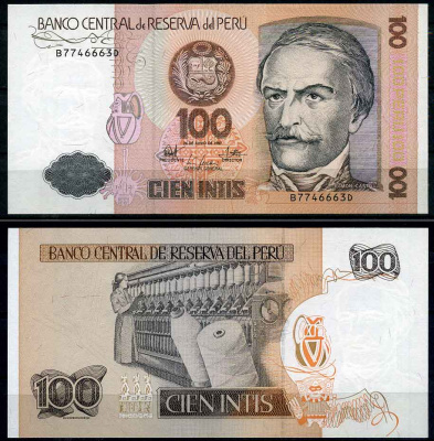 Перу 100 инти 1987 Рамон Кастилья, прядильная машина Pick 133 бумага UNC (пресс) 447-52-1