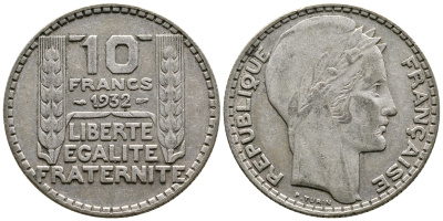 Франция 10 франков 1932 Пьер Тюрен KM 878, Le Franc 360.5 серебро 36-125