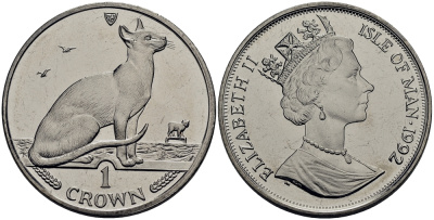 Остров Мэн 1 крона 1992 сиамская кошка КМ 332 медно-никель UNC M80-15