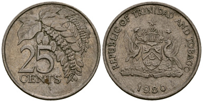 Тринидад и Тобаго 25 центов 1980 цветок дикая пуансеттия KM 32 медно-никель 4176-211