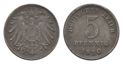 Германия 5 пфеннигов 1920 J KM 19, J. 297 железо плакированное цинком 4644-1123