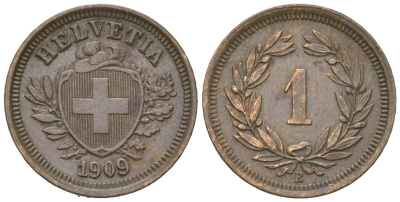 Швейцария 1 раппен 1909 B KM 3 бронза 4549-1164